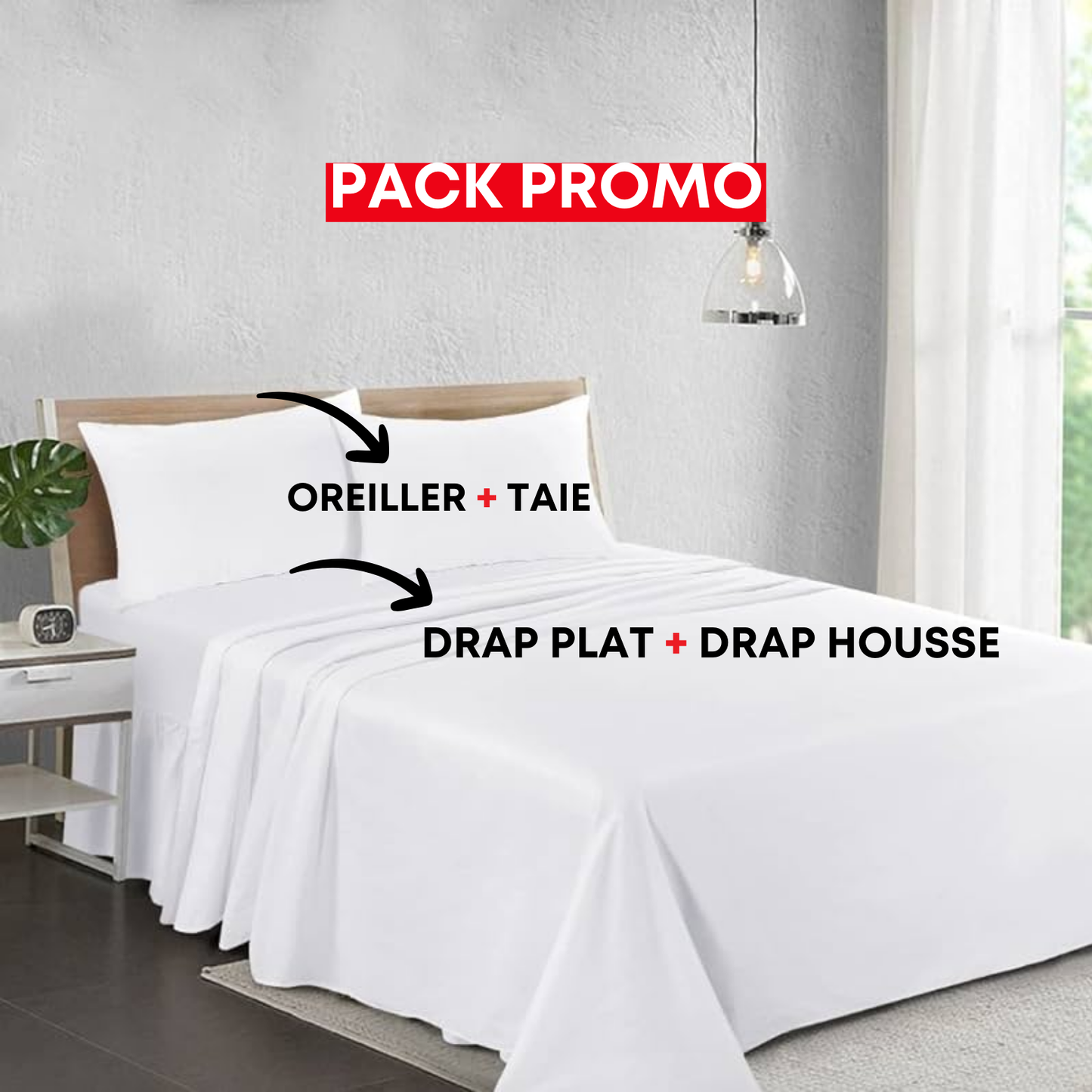 Pack lit : Drap plat + Drap housse + oreiller + taie