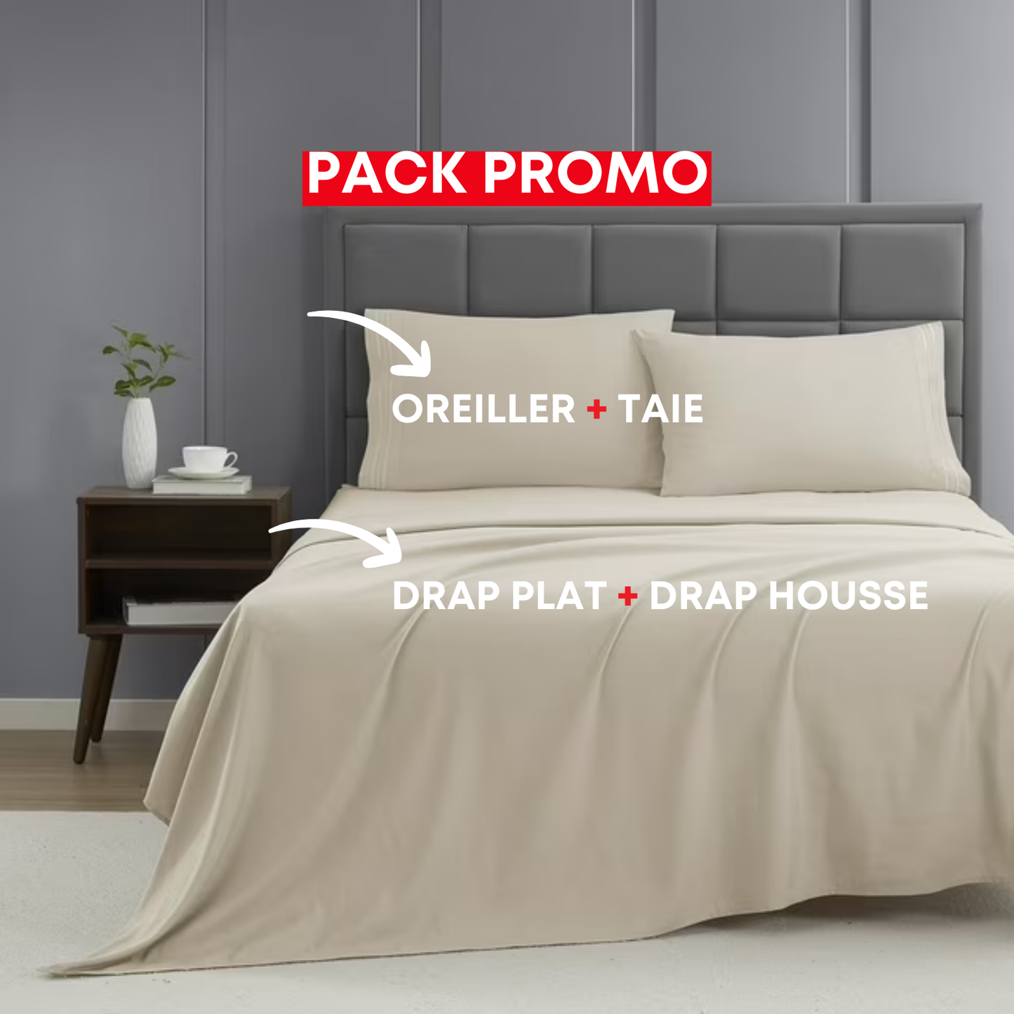 Pack lit : Drap plat + Drap housse + oreiller + taie