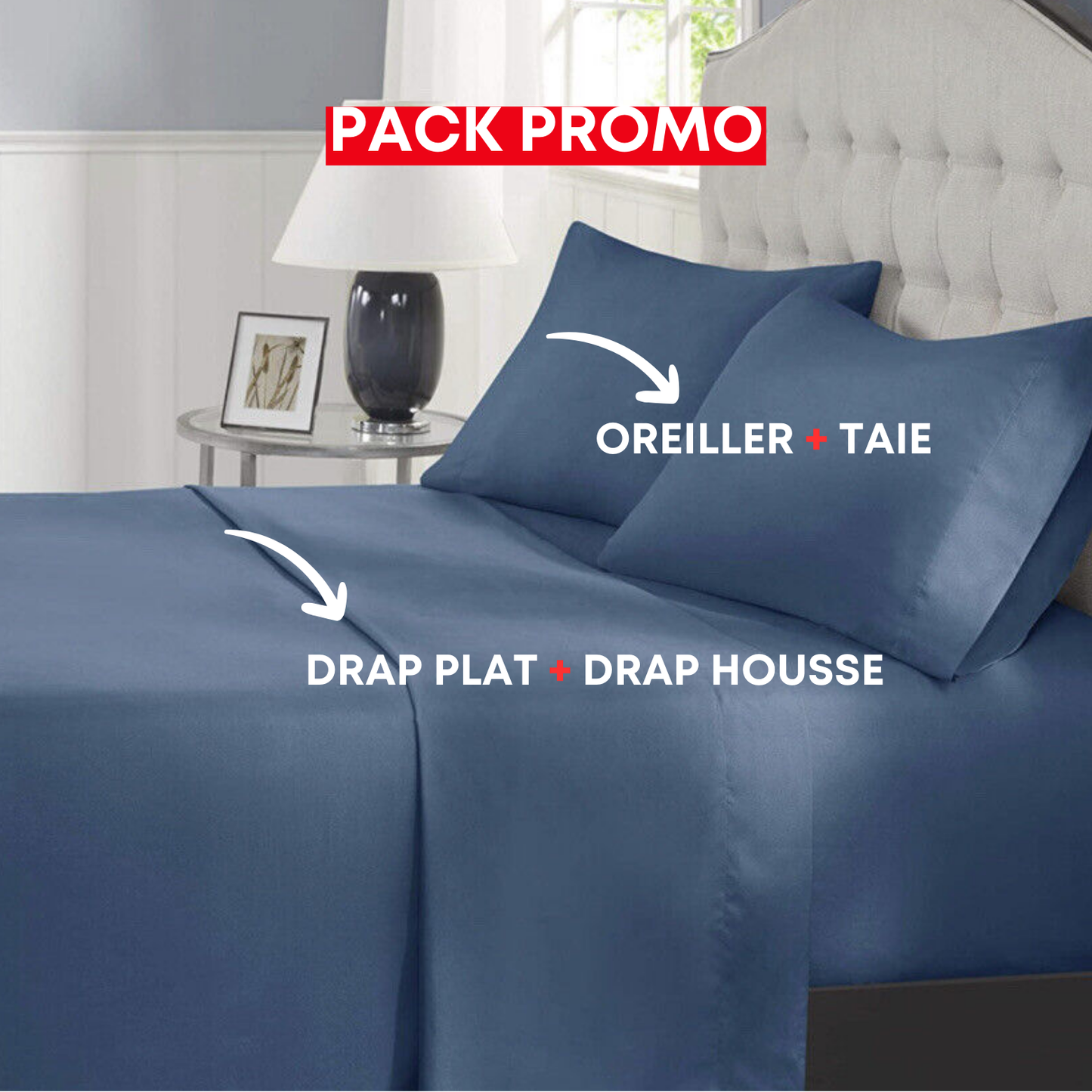 Pack lit : Drap plat + Drap housse + oreiller + taie